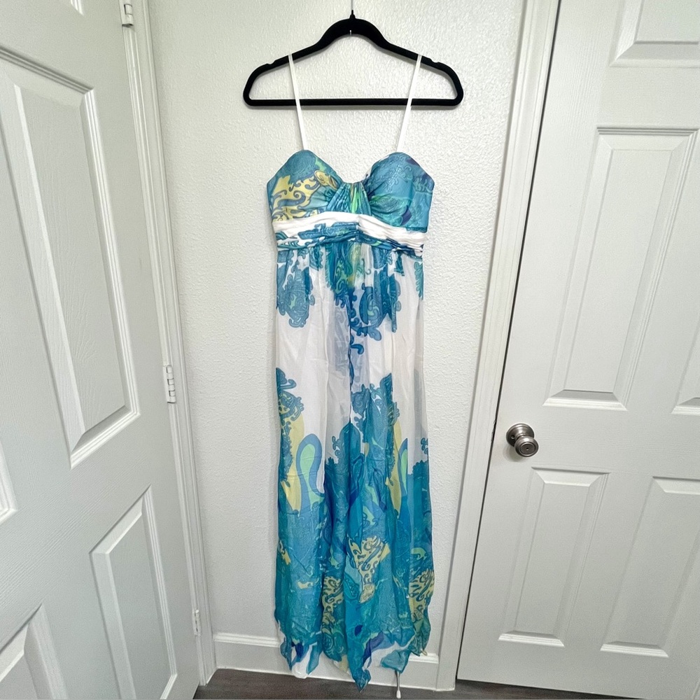 Caché Size 8 Blue Green Paisley Chiffon Maxi Dress Resort Evening Event Prom - Picture 10 of 11